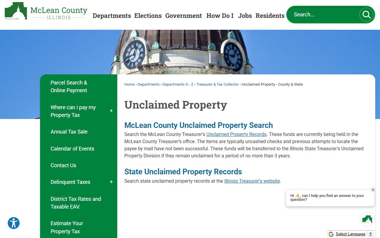 Bloomington McLean County unclaimed money information page