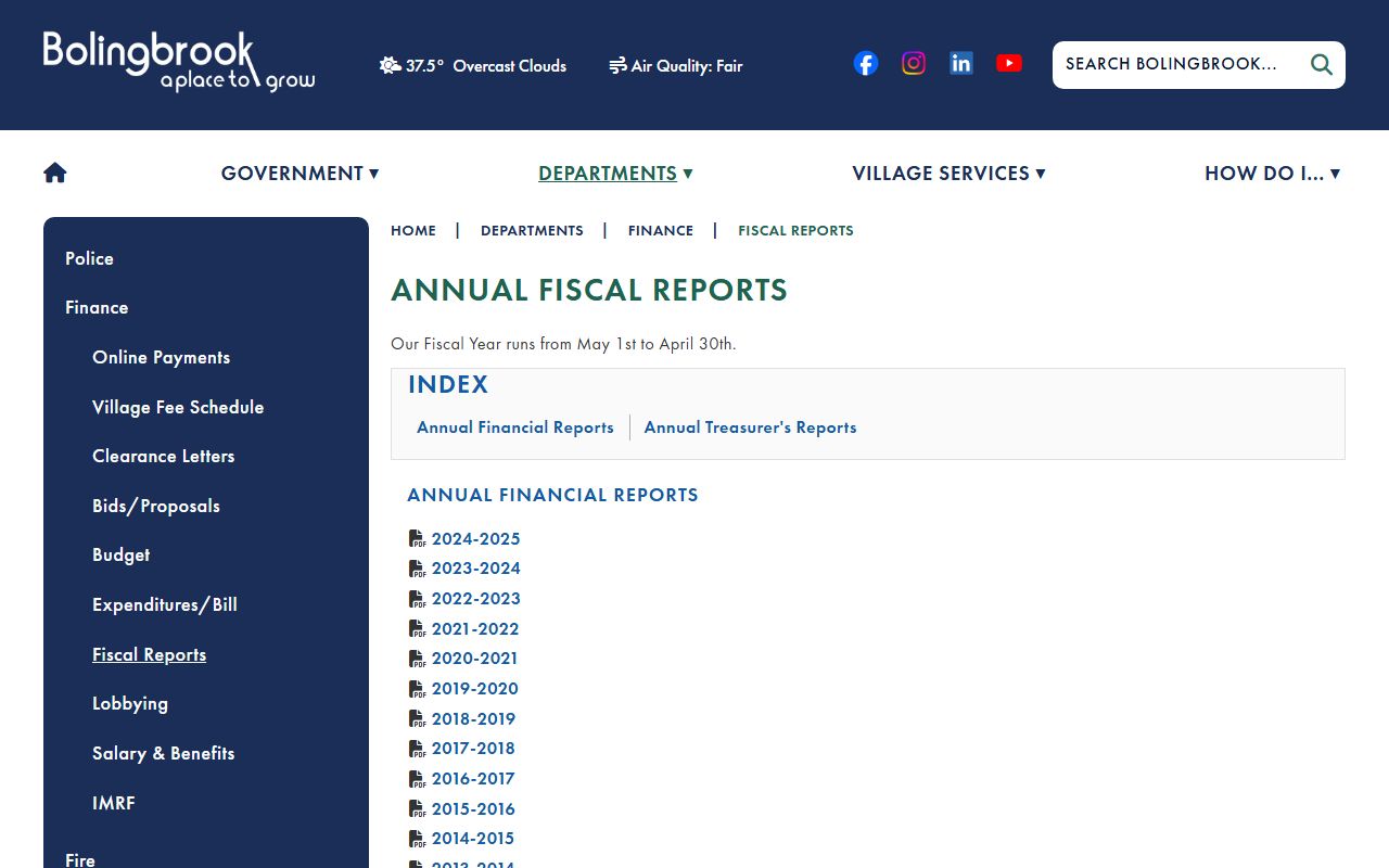 Bolingbrook fiscal reports page for unclaimed money transparency