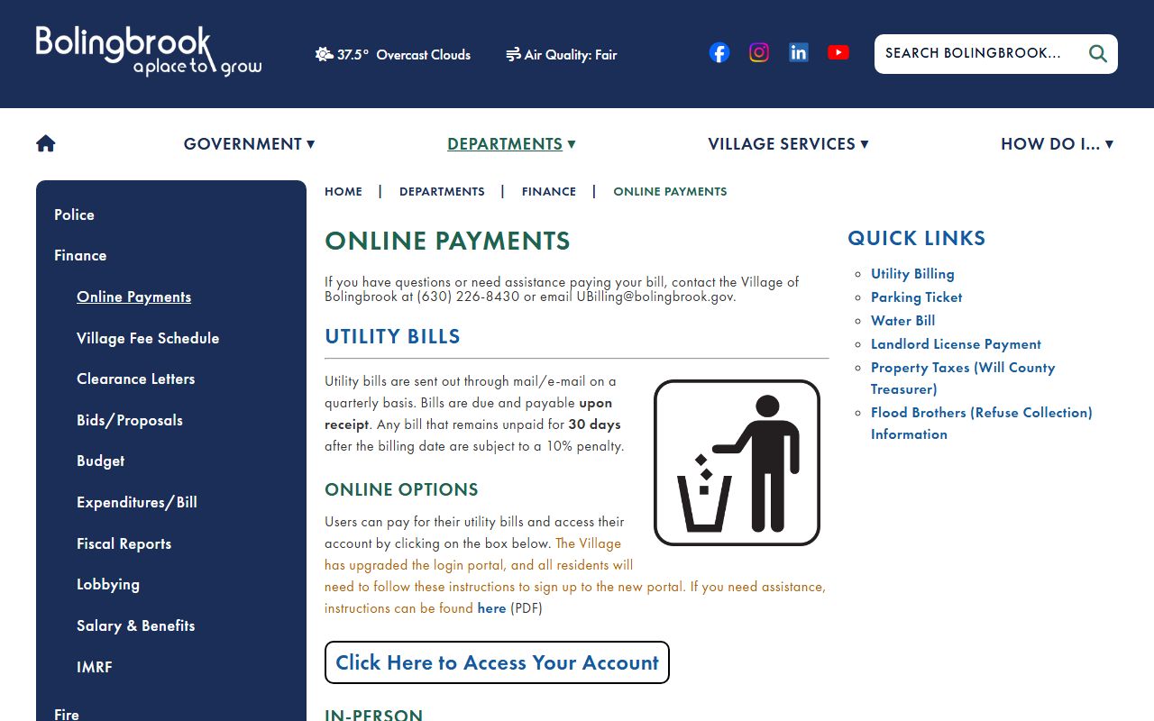 Bolingbrook online payments page related to unclaimed money searches