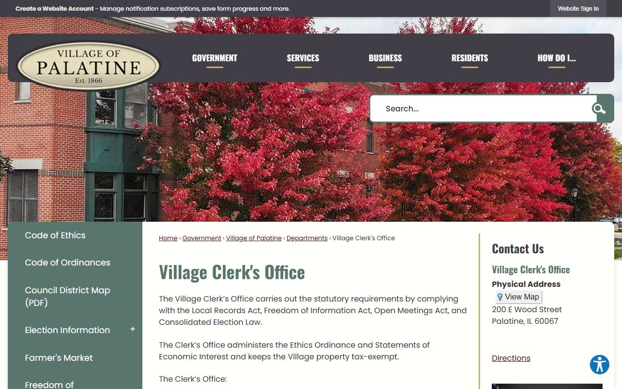 Palatine Village Clerk page for unclaimed money record searches