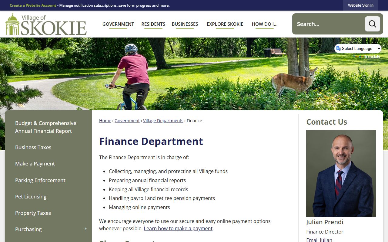 Skokie Finance Department page for unclaimed money inquiries