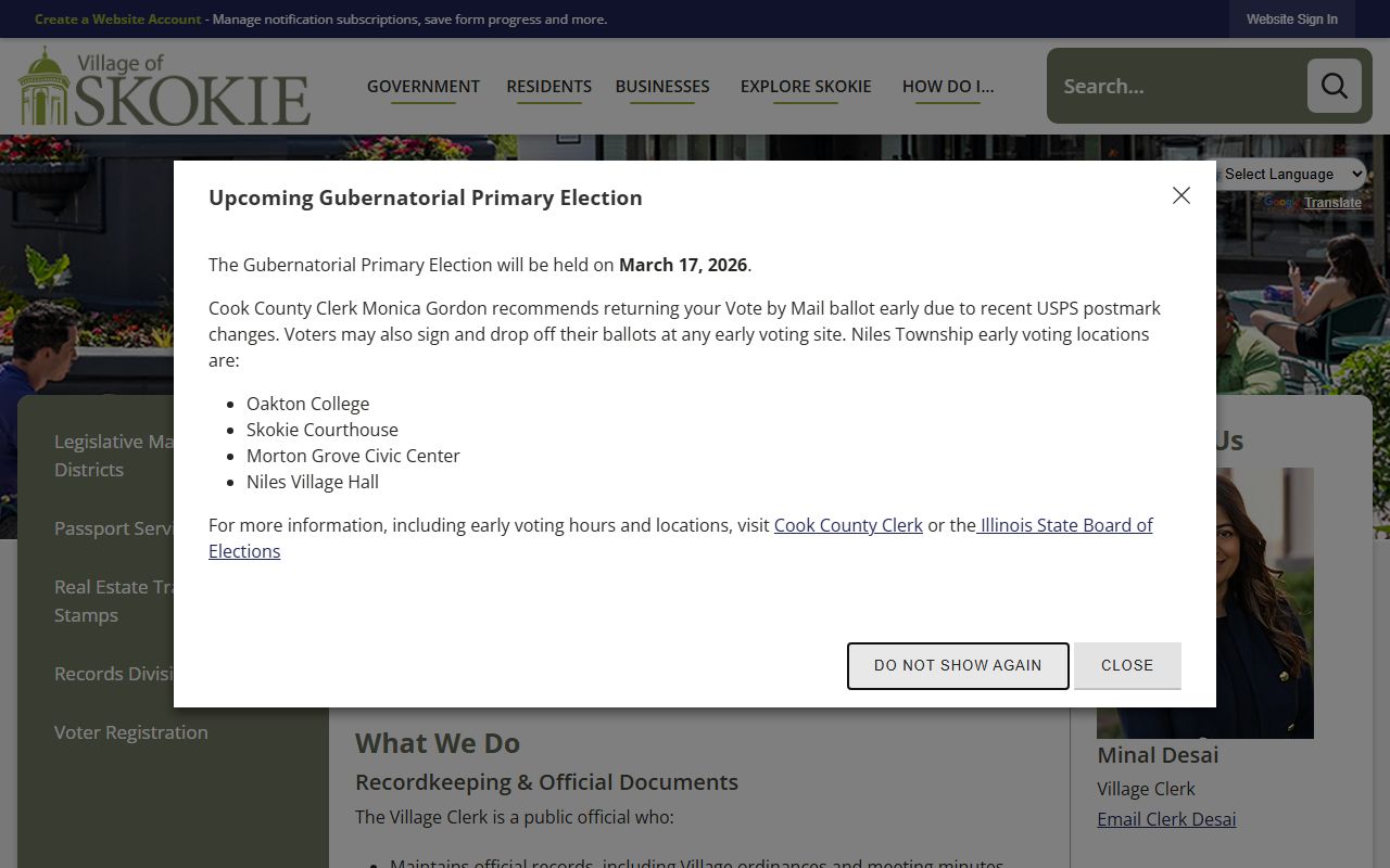 Skokie Village Clerk page for unclaimed money records