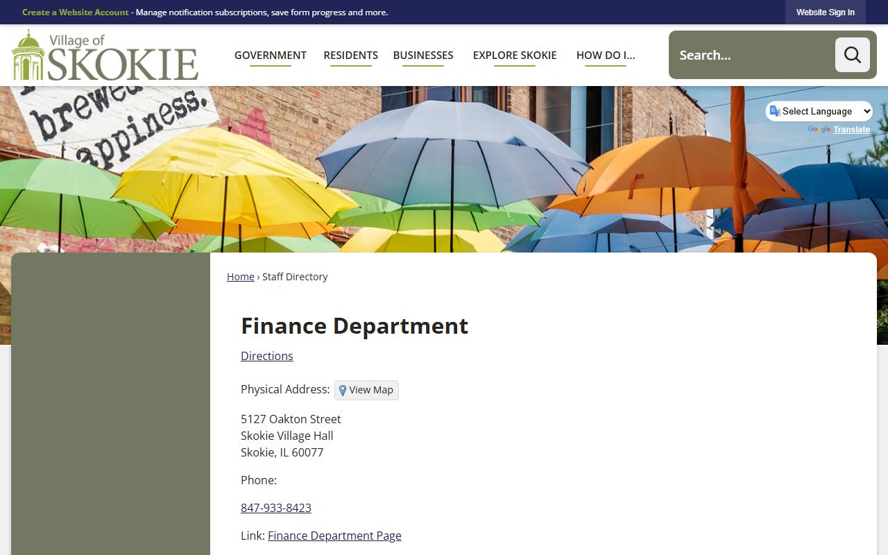 Skokie staff directory for unclaimed money department contacts