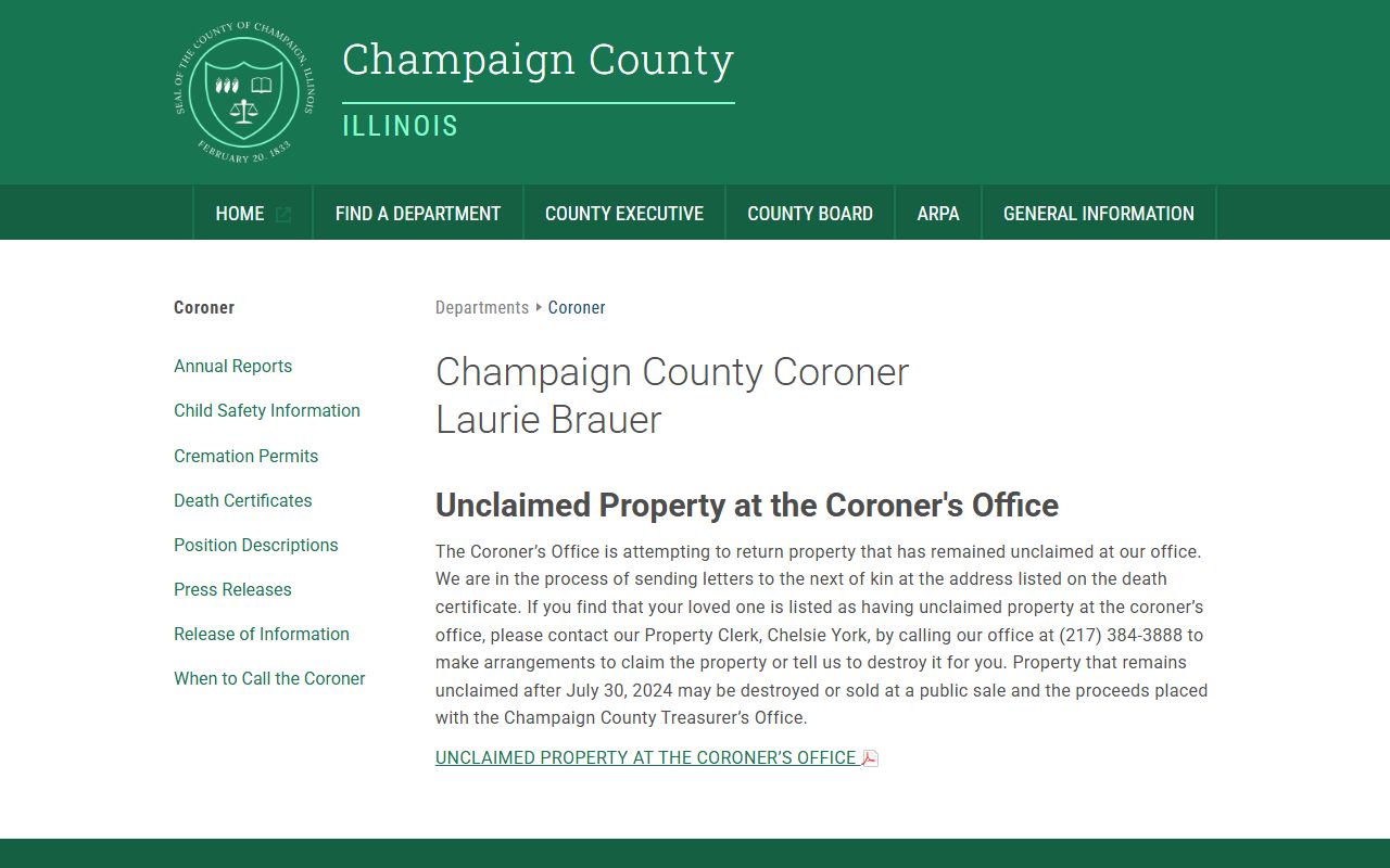 Champaign County Coroner unclaimed property page for Champaign County unclaimed money