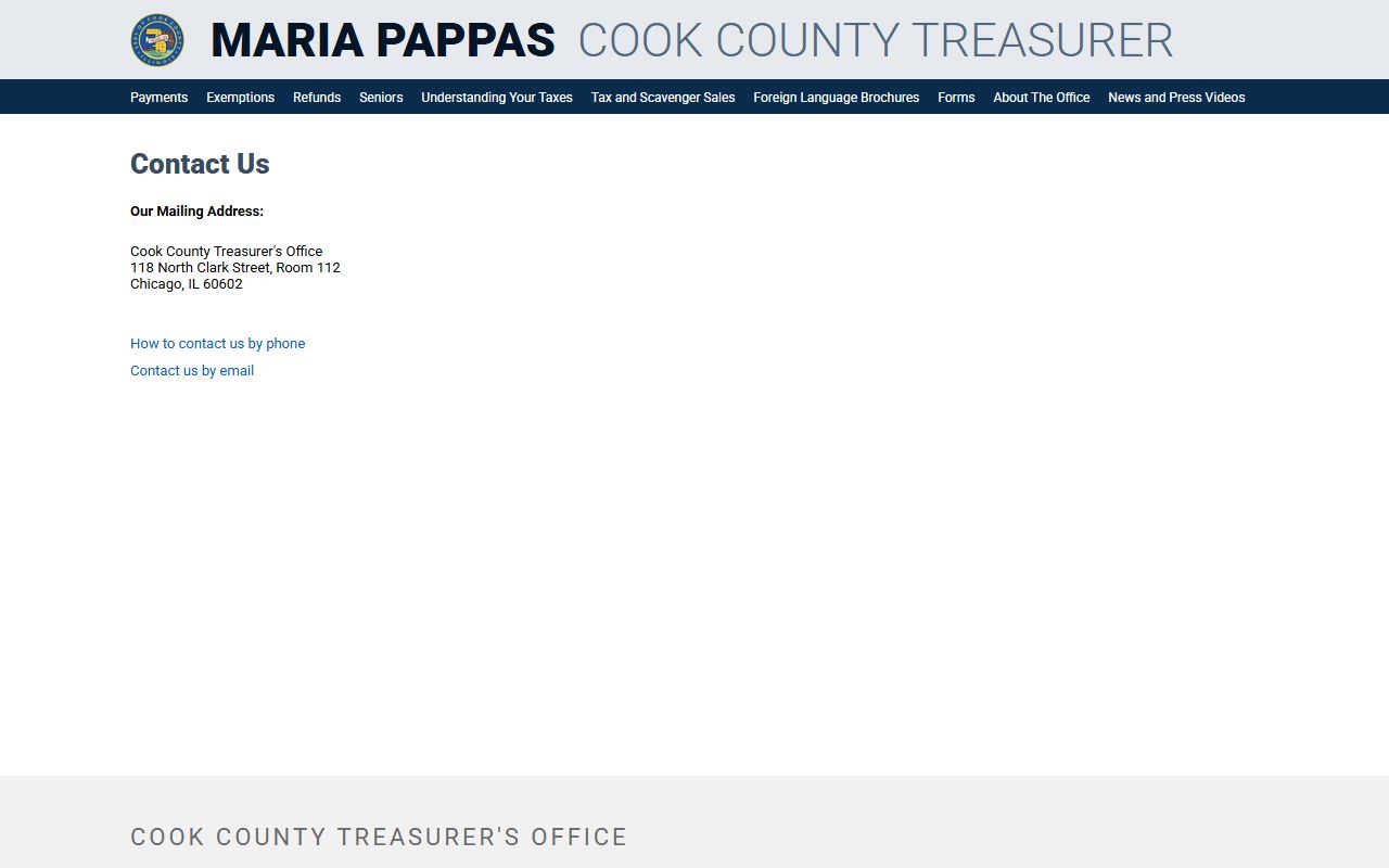Cook County Treasurer contact page for unclaimed money help