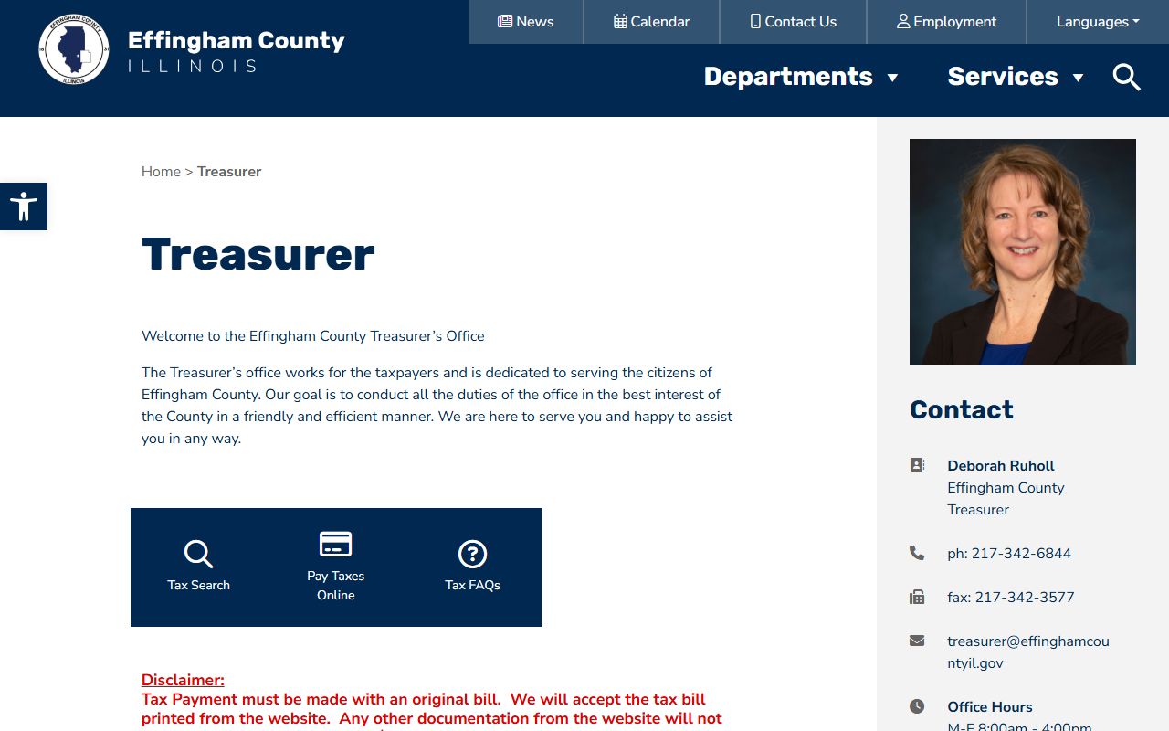 Effingham County Treasurer main page for unclaimed money information