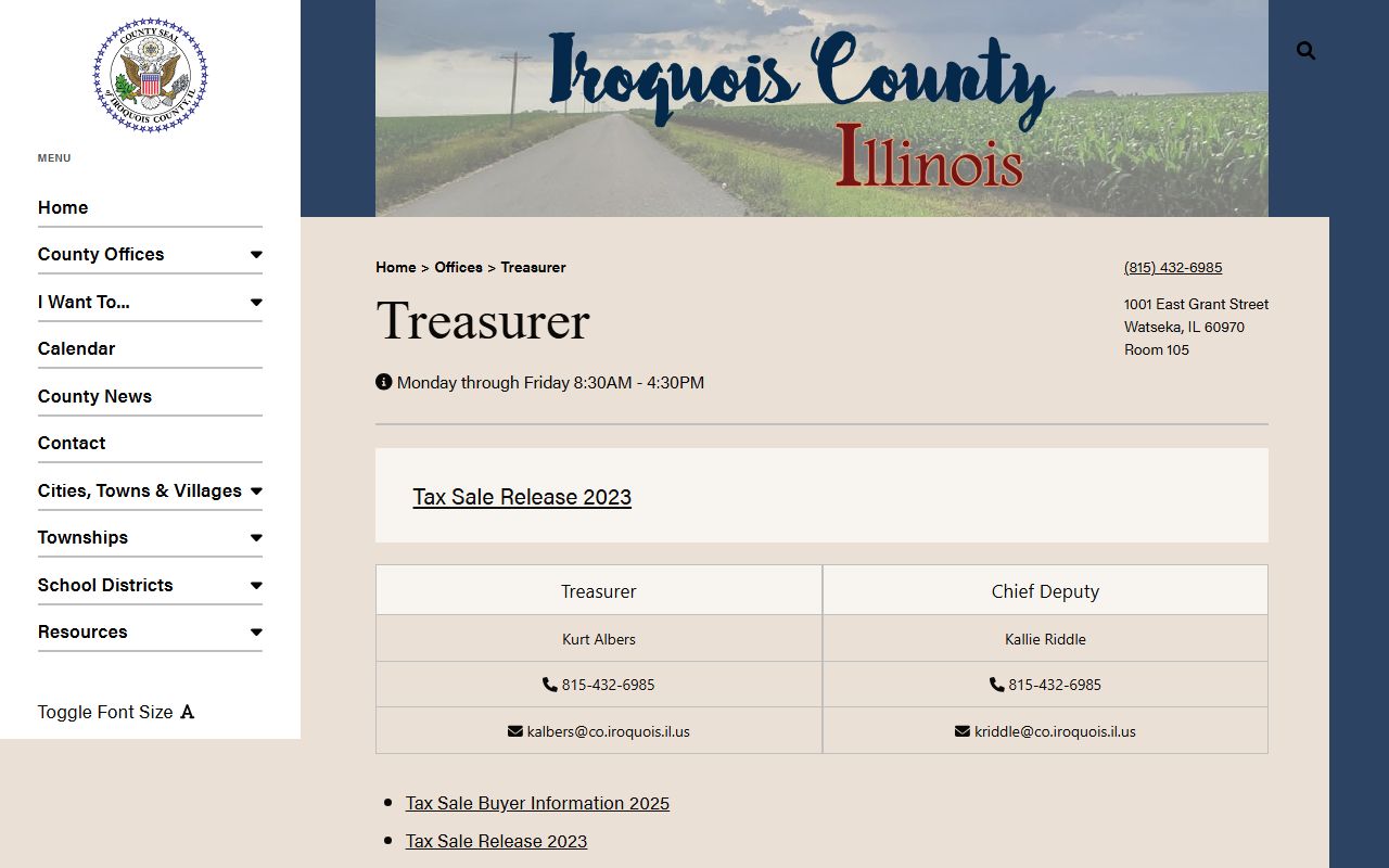 Iroquois County Treasurer website for Iroquois County unclaimed money resources