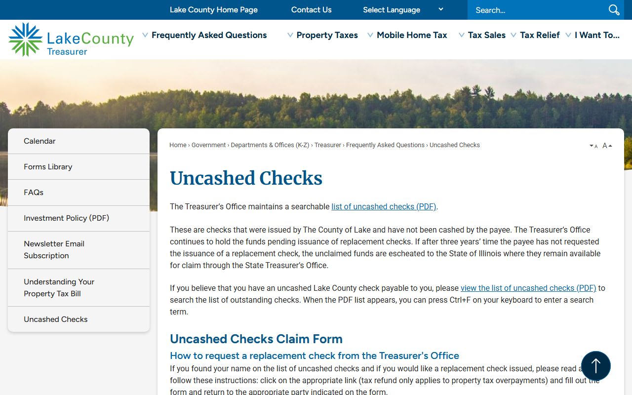 Lake County uncashed checks page for unclaimed money
