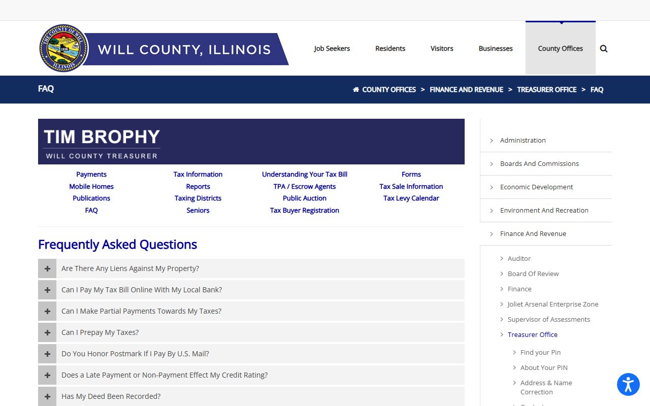 Will County Treasurer FAQ page about unclaimed money