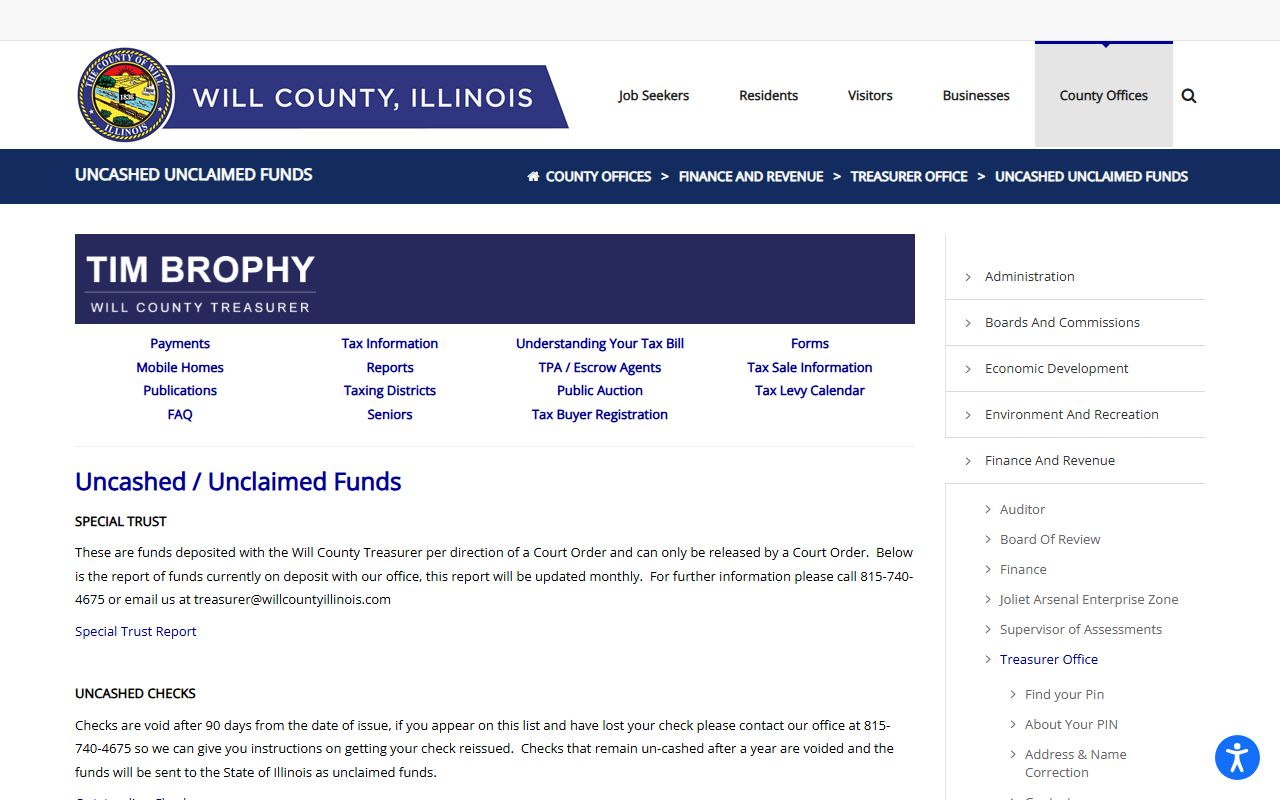 Will County unclaimed funds page for unclaimed money searches