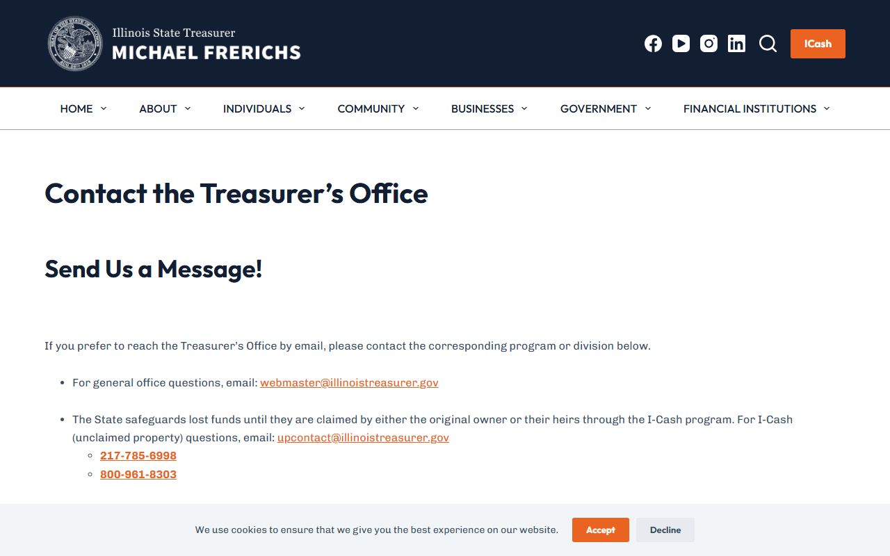 Illinois State Treasurer contact information for unclaimed money