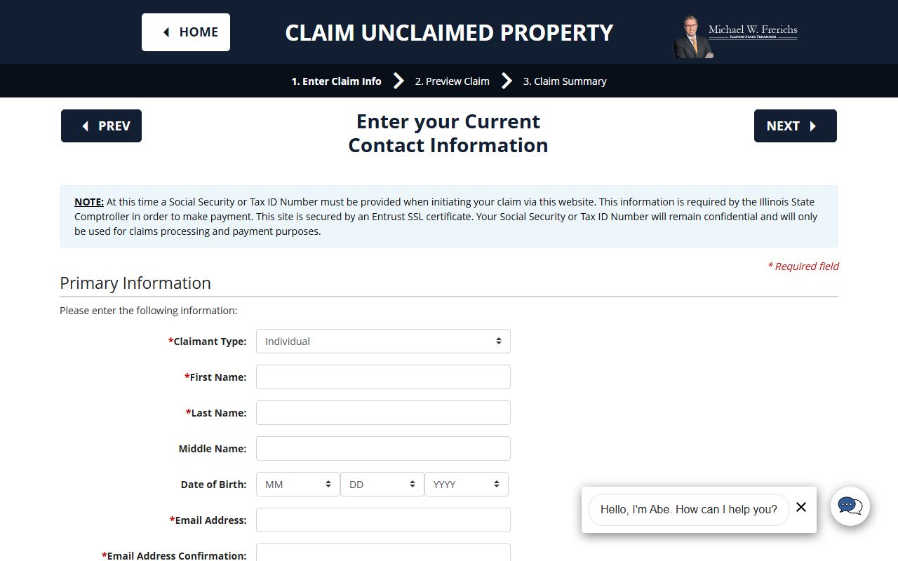 Illinois unclaimed money claim status check page