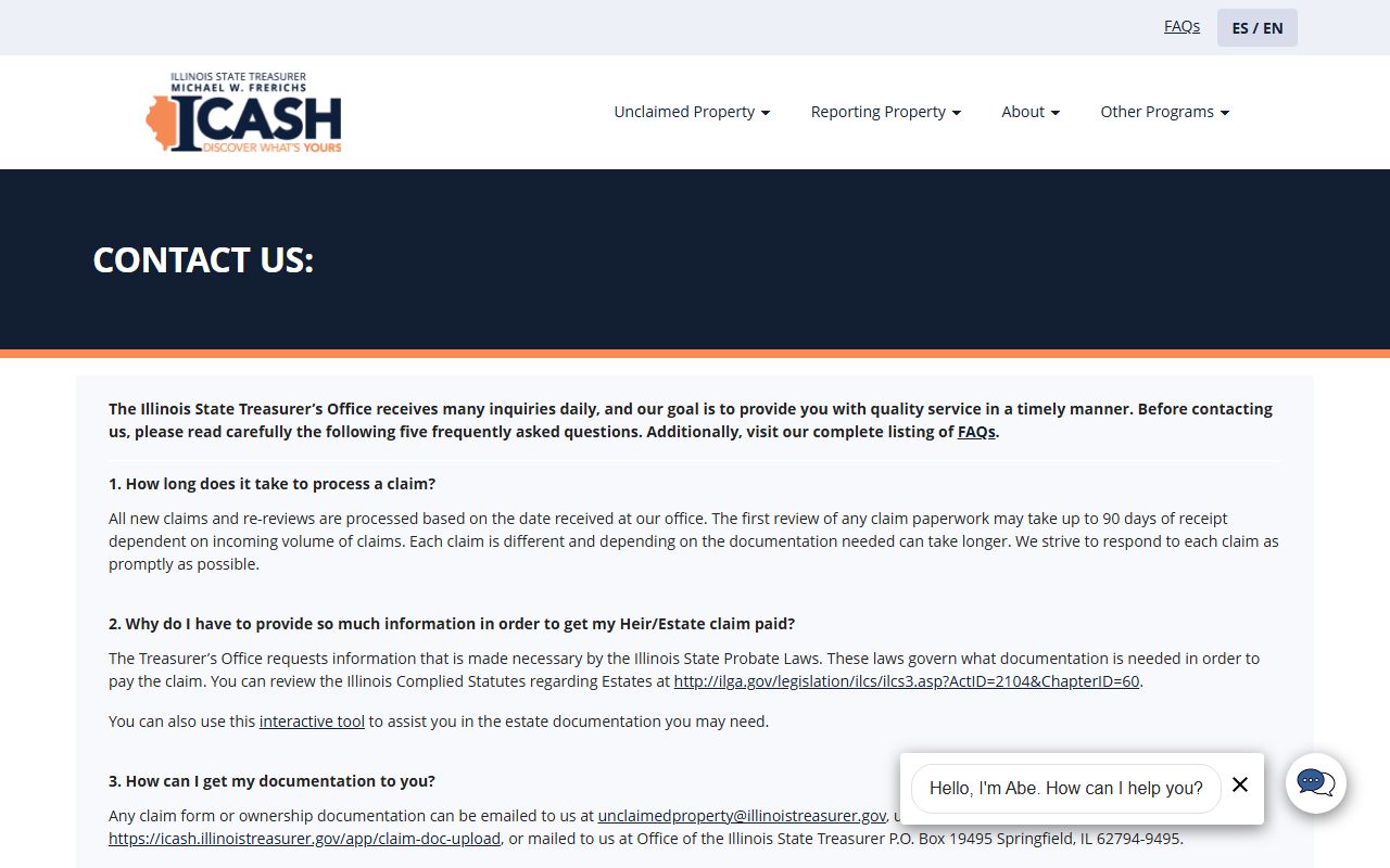 Illinois unclaimed money contact and FAQ page