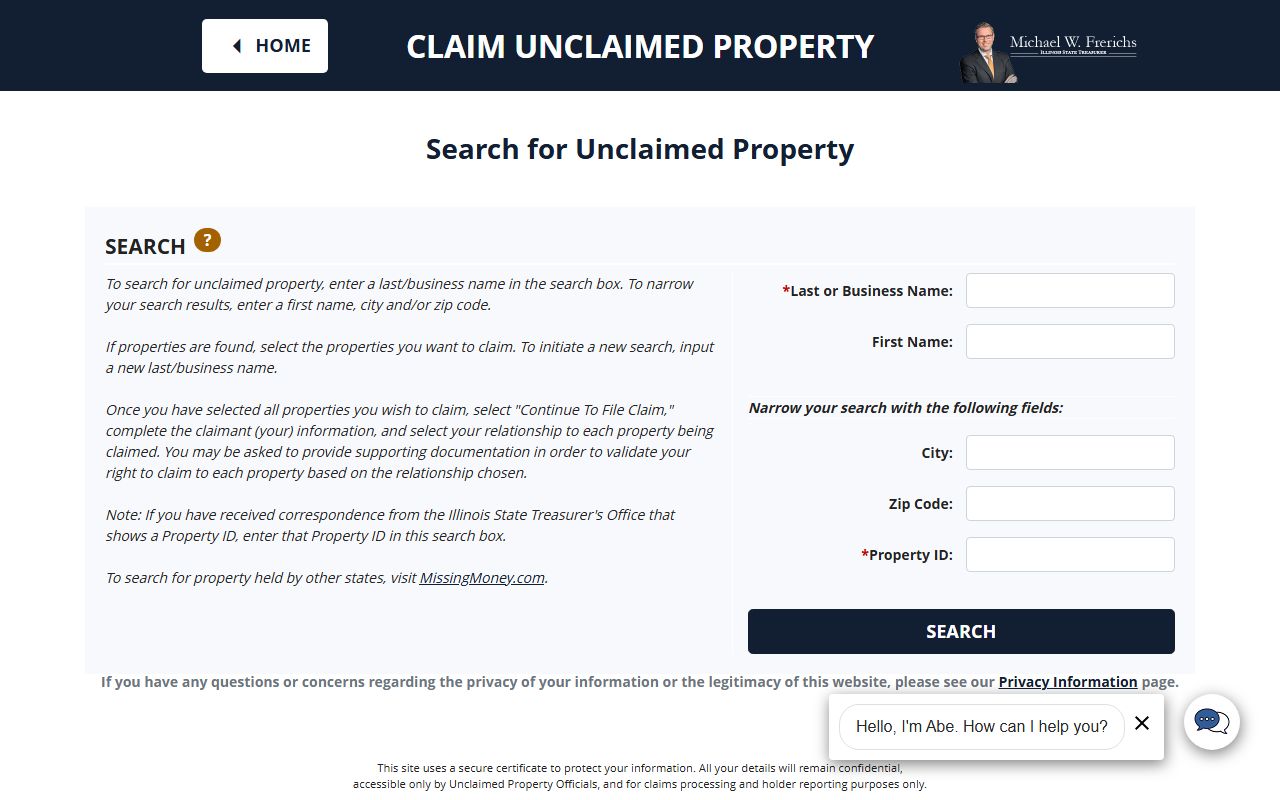 Illinois unclaimed money search portal results page
