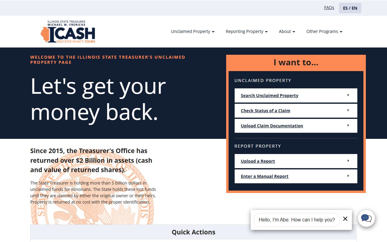 Illinois unclaimed money ICash search portal homepage