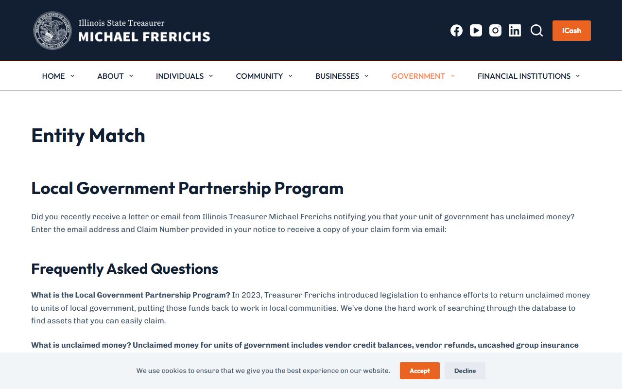 Illinois unclaimed money local government entity match program