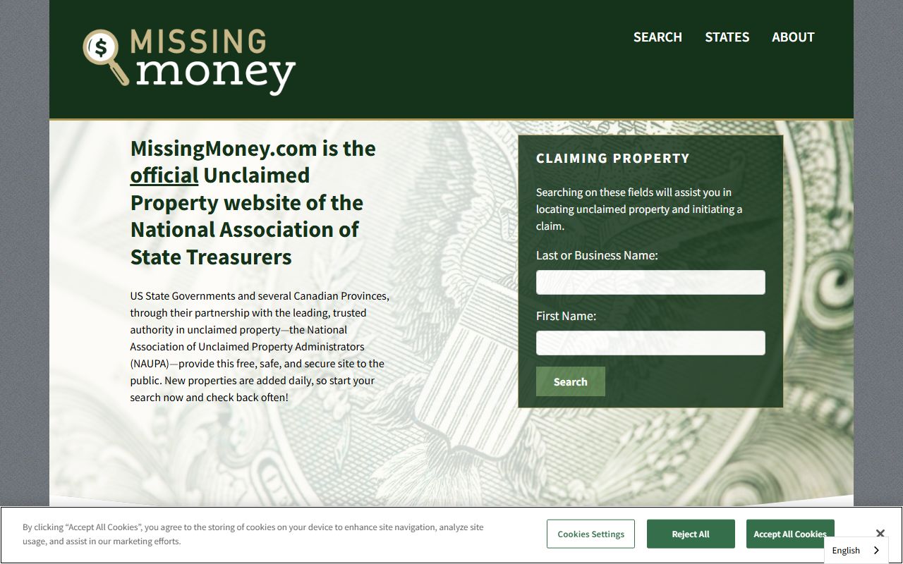 National Missing Money database for searching unclaimed money across states